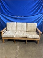 Wood couch with tweed fabric cushions