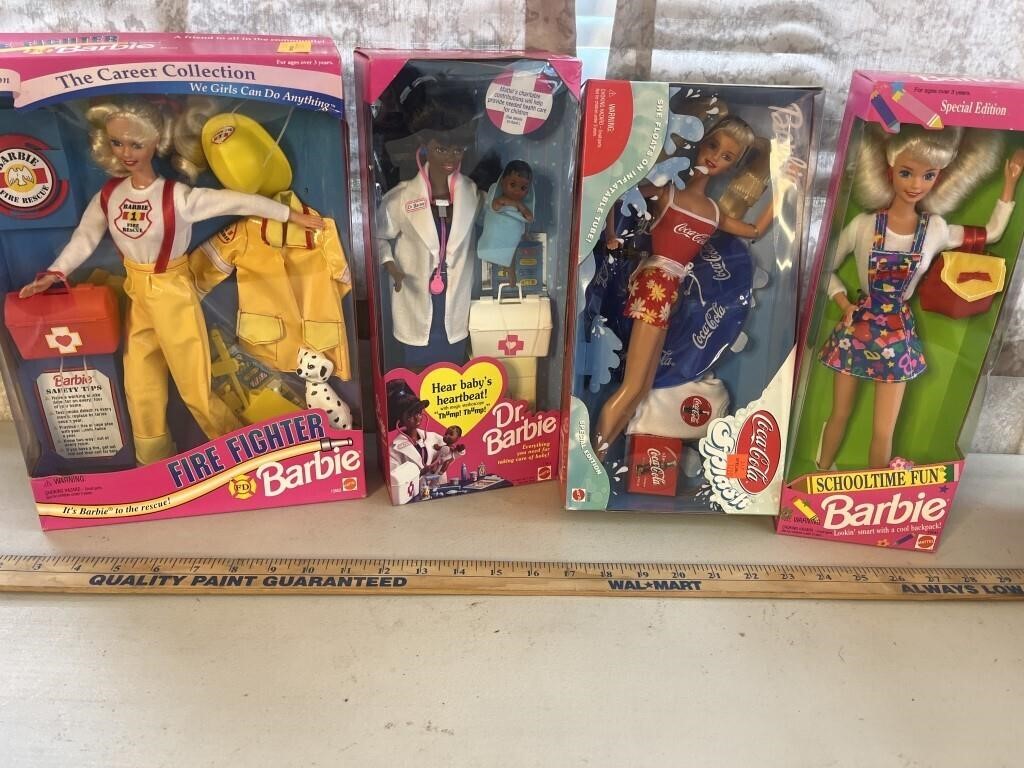 4 Collector Barbies- Coca Cola, Dr., Fire fighter