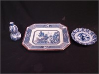 Three blue and white china items: 13 1/4"