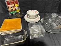 Cake plate, plates, Pyrex and miscellaneous