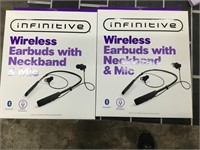 Lot of 2  Wireless Earbuds W/ Neckband & Mic