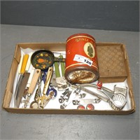 Tray Lot of Bottle Openers & Tobacco Tin