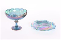 Indiana Blue Iridescent Glass Plate & Compote