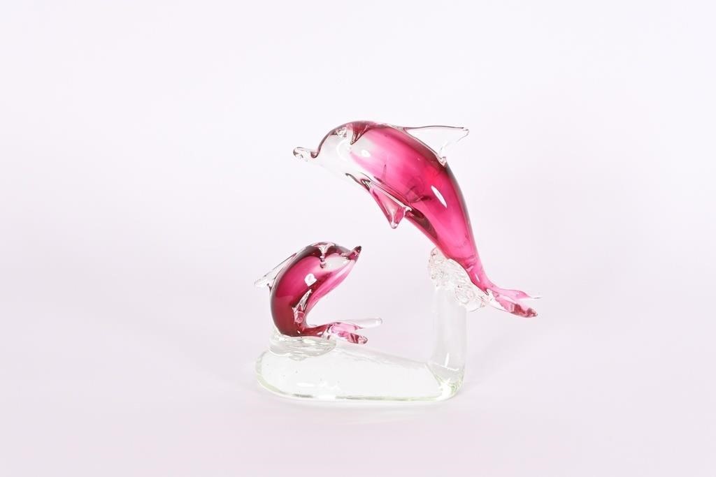 Rossi Cranberry Hand Blown Art Glass Dolphins