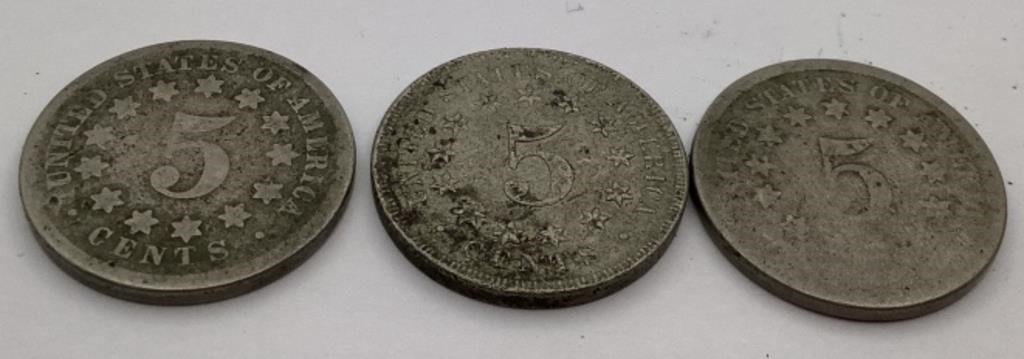 3 Shield Nickels- (2) 1867 & (1) No year