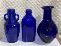 3 Cobalt Blue Glass 2 bottles & 1 vase