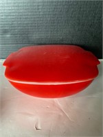 Red glass Pyrex bowl and lid