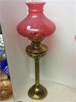 Brass Oil Lamp With Cranberry Glass Shade