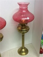 Brass Oil Lamp With Cranberry Glass Shade