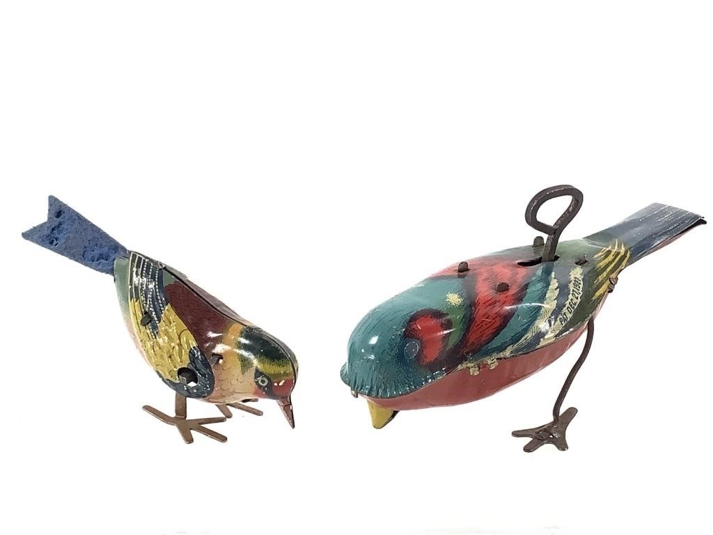 2 Printed Tin Wind Up Birds 1927 w Key +