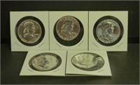 5 Silver Proof Franklin Half Dollars 1959 to 1963