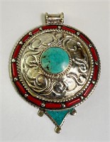 Vintage Alpaca Turquoise/Coral Pendant 50 Grams