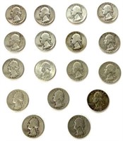Lot of 17 Washington Silver Quarters.