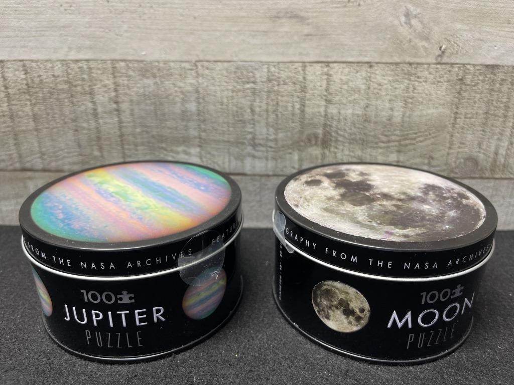 2 Round Puzzles Moon & Jupiter In Tins