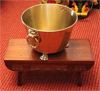 ftd brass bucket 9" diam, 5.5" high & sm wdn bench