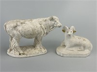 Early Antique Chalkware Cow & Sheep.