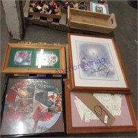 Framed pictures, wall clock