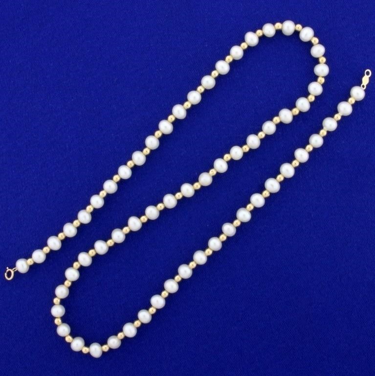 18 Inch Cultured Pearl and Gold Bead Necklace in 1