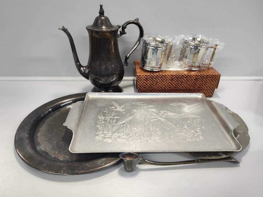 Silver-Plated Platters, Coffee Pot, Snuff Spoon