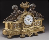 French bronze and marble mantle clock