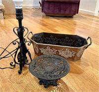 3 Pc Lot with Lamp, Ornate Stand and Metal Basket