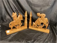 WOOD CARVED BOOKENDS / BURROS W/ RIDERS