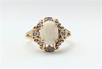 10K Gold 8 Genuine Diamonds Fire White Opal Ring