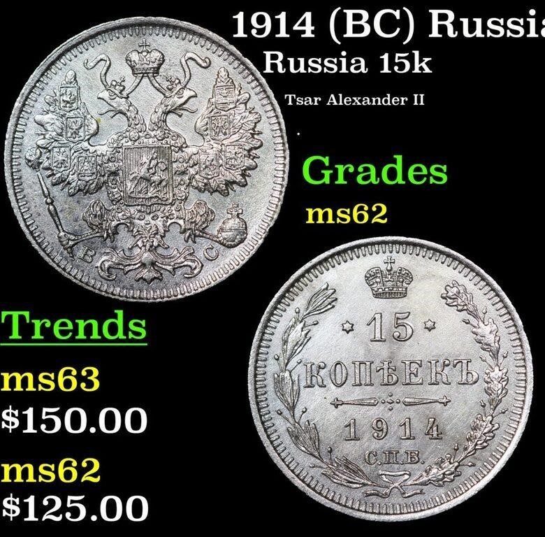 1914 (BC) Russia 15 Kopeks Silver Y# 21a.2 Grades