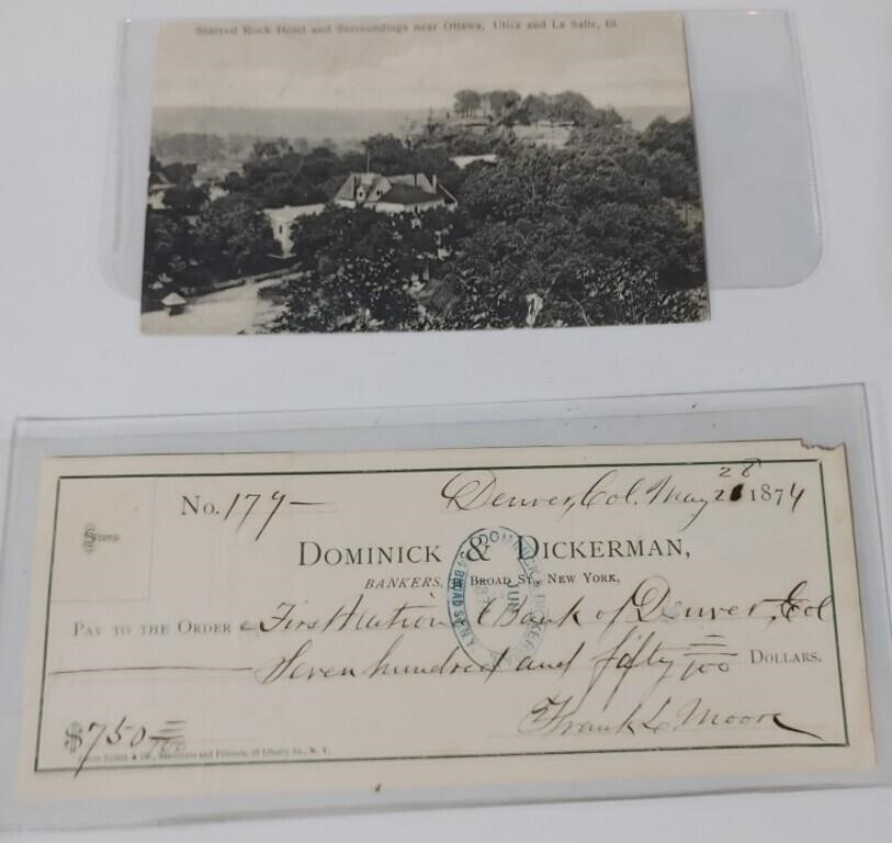 A Check Dated 1874 & Post Card From 1908
