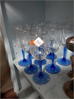 9 Blue Glass Base Wine Glasses