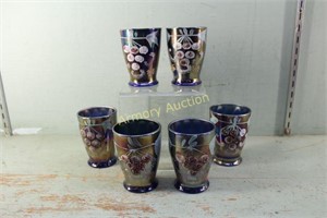6 COBALT HAND PAINTED CARNIVAL GLASS TUMBLERS