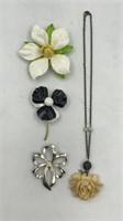 2 Vintage Metal Flower Pins, Flower Pin & Necklace