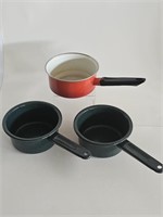 CAMPING PANS-TWO GREEN SPECKLED AND ONE RED