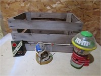 wood crate,tobacco tin & m&m candy machines