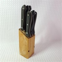 6 Knives With Butcher Block Knife Storage