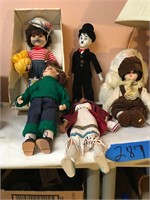 Dolls: Indian maiden,Billy Bum,mime,girl; bunny