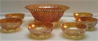 10-1/2" DIA. FOOTED CARN. GLASS SALAD BOWL W/(6)