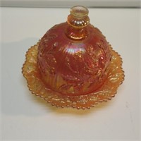 8" DIA. COVERED CARN. GLASS BUTTER DISH. VERY