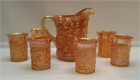 8-1/2" CARNIVAL PITCHER W/(6) TUMBLERS. VERY