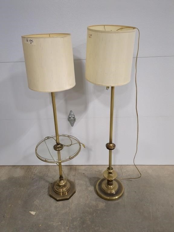 2 Brass floor lamps, one with built in glass