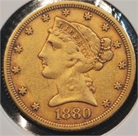 1880 $5 Gold Half Eagle Coin