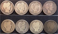 (8) 90% Silver Barber Half Dollars - Coins