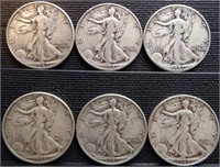 (6) 90% Silver Walking Half Dollars - Coins