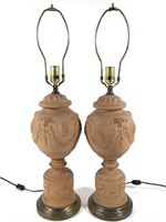 Pr Vtg Terracotta Table Lamps w Brass Bases