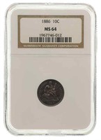 1886 US SEATED LIBERTY 10C SILVER COIN NGC MS64