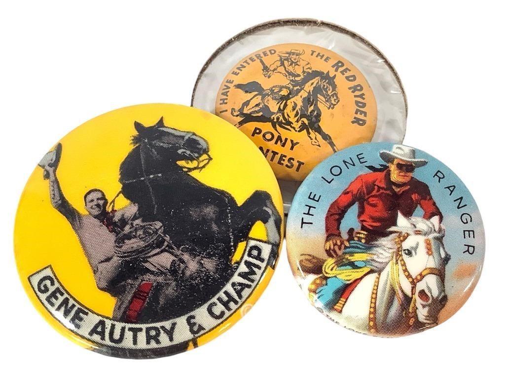 3 Buttons Lone Ranger, Gene Autry, Red Ryder