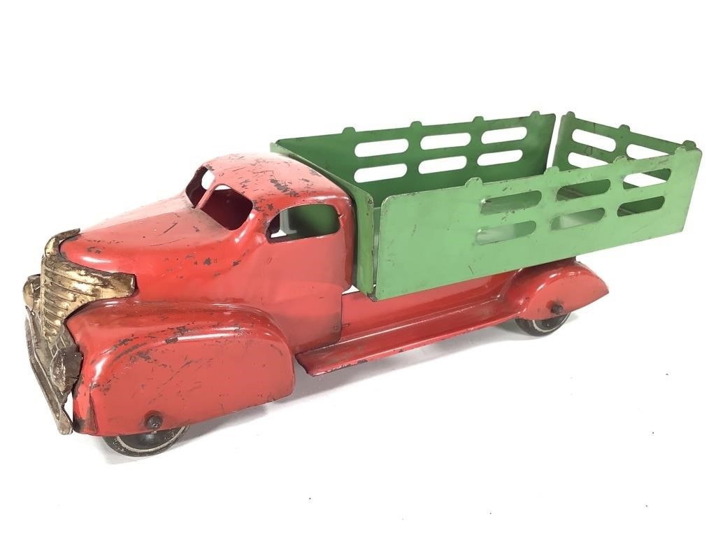 Pressed Steel Toy Stake Bed Truck Red Green 1940s