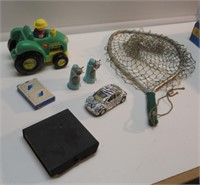 SHELLCORE TOY TRACTOR, FISHING NET, PLAYING CARD