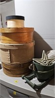 Contents on top of cabinet- wood hat boxes, Wood