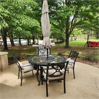 Metal & Glass Patio Table w/ Umbrella & 4 Chairs